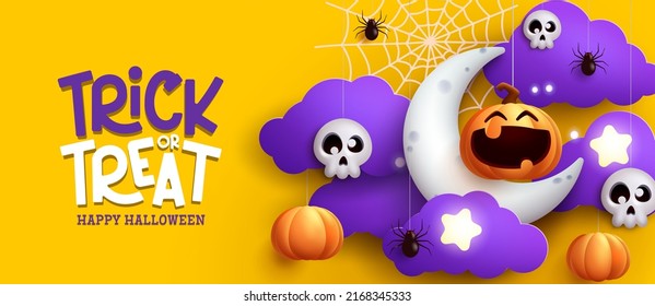 Halloween greeting vector design. Trick or treat text with hanging pumpkin and skull in moon clouds for halloween night decoration. Vector illustration.
