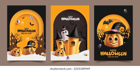 Diseño de conjunto de póster de Vector de saludo de Halloween. Feliz halloween y colección de cartas de truco o trato con castillo, calabazas y personajes fantasmas. diseño de Plantilla de horror lindo de Ilustración vectorial. 
