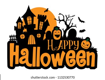 Halloween greeting vector template, lettering of Happy Halloween with pumpkin and castle element isolated against white background 