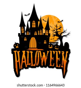 Plantilla vectorial de saludo de Halloween, letras de Feliz Halloween con elemento de castillo y luna aislados contra fondo blanco

