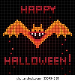 Halloween greetings card, pixel illustration of a scoreboard composition with digital drawing of a bat laughing and holiday text