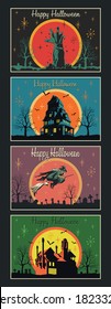 Halloween Greetings Colorful Postcards, Posters. Dead Hand, Haunted Mansions, Flying Witch on a Broomstick, Cemetery Background  