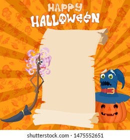 Halloween greetings scroll pumpkin and witches helpers bright