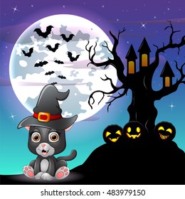 Halloween grey kitten wearing witches hat with tree house in front of full moon.Vector illustration