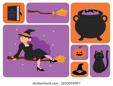 modelo de grade de halloween, personagem bruxa caprichoso com livro mágico, vassoura, caldron, abóbora, chapéu de bruxa e desenhos animados de gato preto, papel de parede de design de halloween bento, ilustração de criatividade do halloween assustador