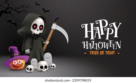 Halloween grim reaper character vector design. Happy halloween trick or treat text in empty space with grim reaper holding scythe elements. Vector illustration greeting card background.
