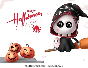 Halloween grim reaper character vector design. Happy halloween greeting text with grim reaper skull flying and pumpkins characters for holiday season party invitation card. Vector illustration trick 