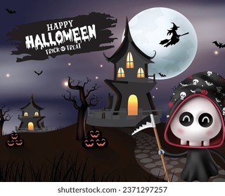 Halloween grim reaper character vector design. Happy halloween greeting text in scary night full moon and creepy haunted house background. Vector illustration trick or treat invitation card design.
