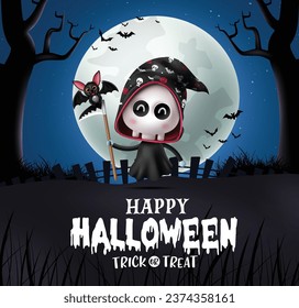 Halloween grim reaper character vector design. Happy halloween greeting text with skull grim reaper character costume in moon night background. Vector illustration greeting card concept.
