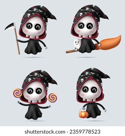 Halloween grim reaper characters vector set design. Halloween grim reaper cute character collection wearing robe and black hood costume elements decoration. Vector illustration grim reaper collection.