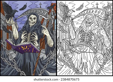 Halloween Grim Reaper Coloring Page Illustration