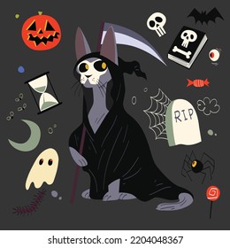 Halloween grim reaper cute cat illustration for halloween party