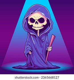 Halloween grim reaper death. Сartoon skeleton in mantle on a bright background. Skeleton in halloween day. Halloween concept. Wizzard skull head for halloween. Vector illustration eps.10