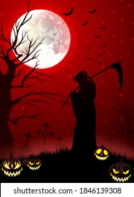 Halloween grim reaper holding scythe with pumpkins