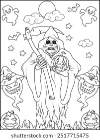 Halloween Grim Reaper Isolated Coloring Page for kids