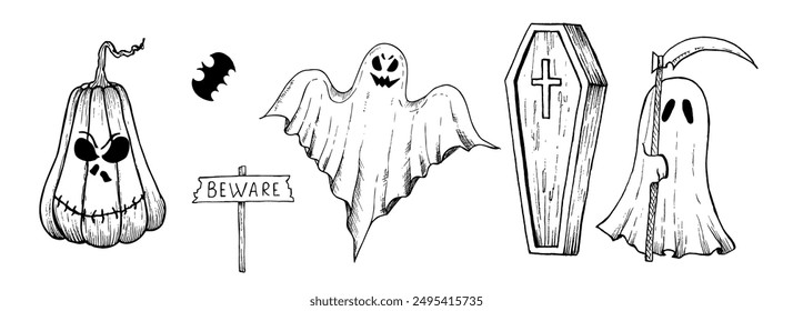 Halloween grim Reaper, pumpkin, bat. Wooden sign board "Beware". Vector hand painted linear ghosts, coffin with a cross, monster silhouette illustration. Mystical graphic monochrome spooky and horror 