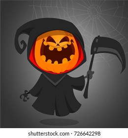 Halloween grim reaper with pumpkin head. Vector jack-o-lantern character mascot