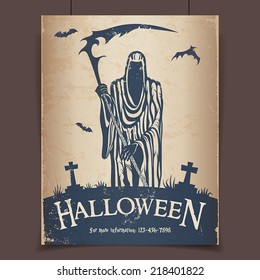 Halloween grim reaper with a scythe at the cemetery vintage poster