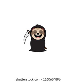 Halloween grim reaper sloth cartoon character, vector illustration