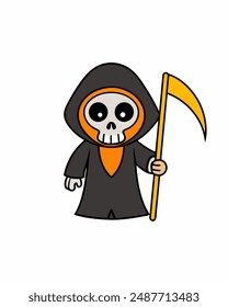 Halloween Grim Reaper Vector Art | Cute Grim Reaper Holding Scythe and Candy Basket | Halloween Clipart Illustration