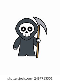 Halloween Grim Reaper Vektorgrafik | Netter grim Reaper Holding Sense und Süßigkeitskorb | Halloween Clipart Illustration