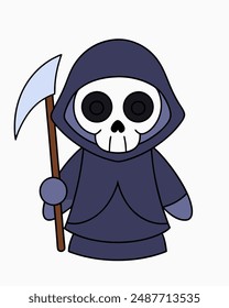 Halloween Grim Reaper Vektorgrafik | Netter grim Reaper Holding Sense und Süßigkeitskorb | Halloween Clipart Illustration