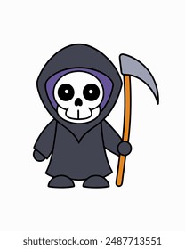 Halloween Grim Reaper Vector Art | Cute Grim Reaper Holding Scythe and Candy Basket | Halloween Clipart Illustration