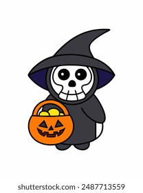 Halloween Grim Reaper Vector Art | Cute Grim Reaper Holding Scythe and Candy Basket | Halloween Clipart Illustration