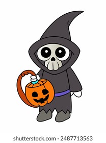 Halloween Grim Reaper Vector Art | Cute Grim Reaper Holding Scythe and Candy Basket | Halloween Clipart Illustration