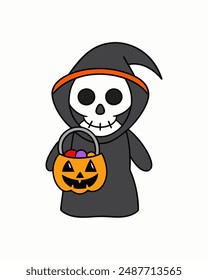 Halloween Grim Reaper Vector Art | Cute Grim Reaper Holding Scythe and Candy Basket | Halloween Clipart Illustration