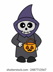 Halloween Grim Reaper Vector Art | Cute Grim Reaper Holding Scythe and Candy Basket | Halloween Clipart Illustration