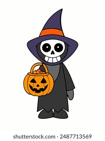 Halloween Grim Reaper Vector Art | Cute Grim Reaper Holding Scythe and Candy Basket | Halloween Clipart Illustration