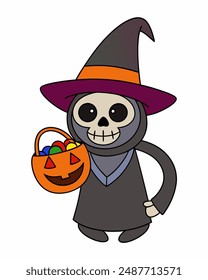 Halloween Grim Reaper Vector Art | Cute Grim Reaper Holding Scythe and Candy Basket | Halloween Clipart Illustration