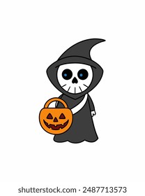 Halloween Grim Reaper Vector Art | Cute Grim Reaper Holding Scythe and Candy Basket | Halloween Clipart Illustration