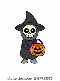 Halloween Grim Reaper Vector Art | Cute Grim Reaper Holding Scythe and Candy Basket | Halloween Clipart Illustration