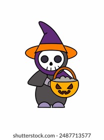 Halloween Grim Reaper Vector Art | Cute Grim Reaper Holding Scythe and Candy Basket | Halloween Clipart Illustration