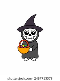 Halloween Grim Reaper Vector Art | Cute Grim Reaper Holding Scythe and Candy Basket | Halloween Clipart Illustration