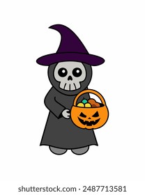 Halloween Grim Reaper Vektorgrafik | Netter grim Reaper Holding Sense und Süßigkeitskorb | Halloween Clipart Illustration