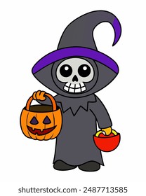 Halloween Grim Reaper Vector Art | Cute Grim Reaper Holding Scythe and Candy Basket | Halloween Clipart Illustration