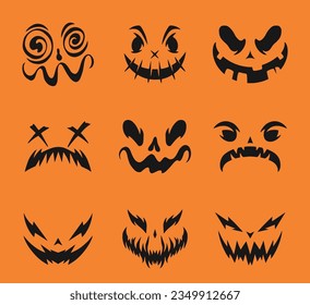 Halloween grimaces monochrome set stickers with scary faces and emoji for October 31 party invitation design vector illustration