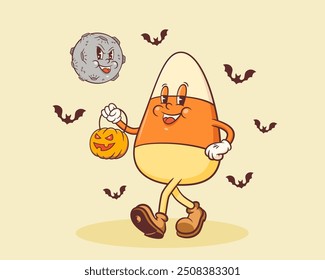 Halloween Groovy Candy Corn with Pumpkin Jack O Lantern Retro Character Illustration. Cartoon Sweets Walking and Smiling under Evil Moon. Vector Vintage Cool Autumn Holiday Mascot Template. Isolated