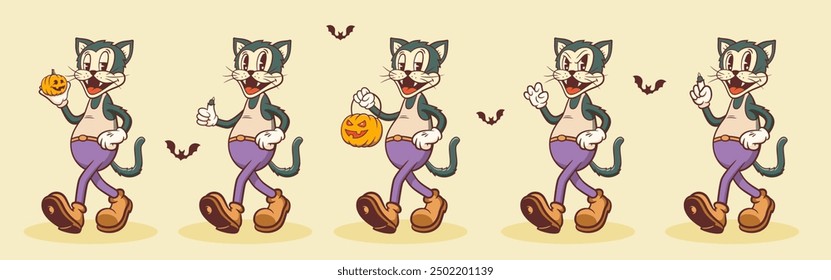 Halloween Groovy Cat Pumpkin Retro Characters Set. Cartoon Personage Carrying Jack Lantern Walking Smiling. Vector Autumn Holiday Mascot Templates Collection. Happy Vintage Cool Illustration. Isolated