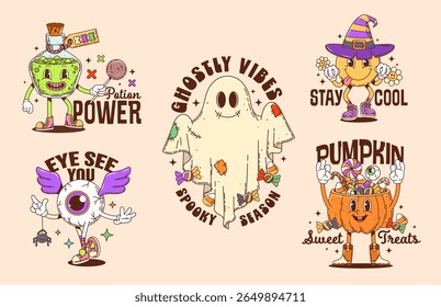 Os adesivos e as impressões de camisetas dos personagens do Halloween groovy. Vetor brincalhão fantasma desenho animado, garrafa de poção, balde de abóbora doce, globo ocular e sorriso personagens retro enfatizando diversão assustadora e doces iguarias