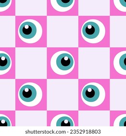 Halloween groovy chequeó un patrón sin fisuras con carácter de globo ocular. Impresión cuadrada de tablero de damas con pinky. Ilustración de vector retro