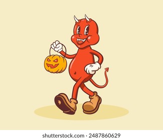 Halloween Groovy Demon Personaje retro. Diablo de dibujos animados caminando y sonriendo. Vector Otoño Festiva Mascota Plantilla. Feliz Antiguas Ilustración genial. Aislado