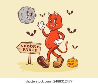 Halloween Groovy Demon Personaje retro. Diablo de dibujos animados caminando junto a una calabaza a una fiesta fantasmagórica bajo la luna malvada. Vector Otoño Festiva Mascota Plantilla. Feliz Antiguas Ilustración genial. Aislado