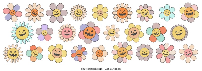 Halloween groovy flower cartoon characters. Happy Halloween day 70s groovy vector. Sticker pack in trendy retro trippy style. Isolated vector illustration. Hippie 60s, 70s style