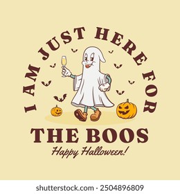 Halloween Groovy Ghost mit einem Booze Glas Retro Zeichen Label. Cartoon Personage Walking Raising a Glass of Wine Vektor Herbst Holiday Mascot T-shirt Print. Happy Vintage Cool Illustration einzeln