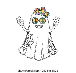 Halloween groovy ghost character. Hippie spook personage with peace symbols instead of eyes, flower wreath on head, showing victory gesture. Isolated vector funky hippy ghost