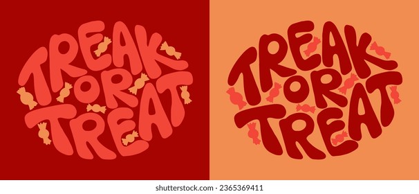 Halloween groovy lettering. Treak or treat hand drawn halloween slogan in nostalgia hippie style. Modern print design in oval shape and contrast colors for posters, cards, tshirt, social media graphic